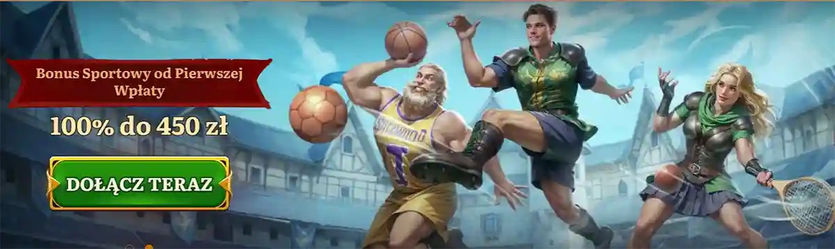 Sports betting promotion banner showing fantasy-style athletes playing basketball and football in mid-air action, with Polish text advertising a first deposit sports bonus of 100% up to 450 PLN and a green “Join Now” button on a dynamic stadium-themed background.