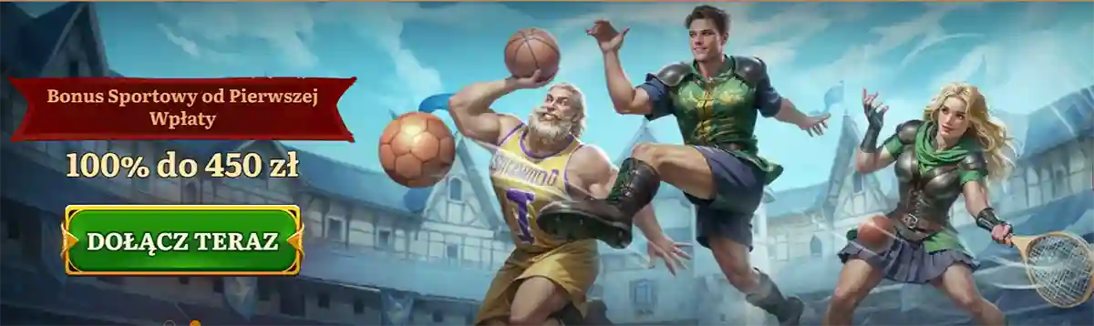 Sports betting promotion banner showing fantasy-style athletes playing basketball and football in mid-air action, with Polish text advertising a first deposit sports bonus of 100% up to 450 PLN and a green “Join Now” button on a dynamic stadium-themed background.