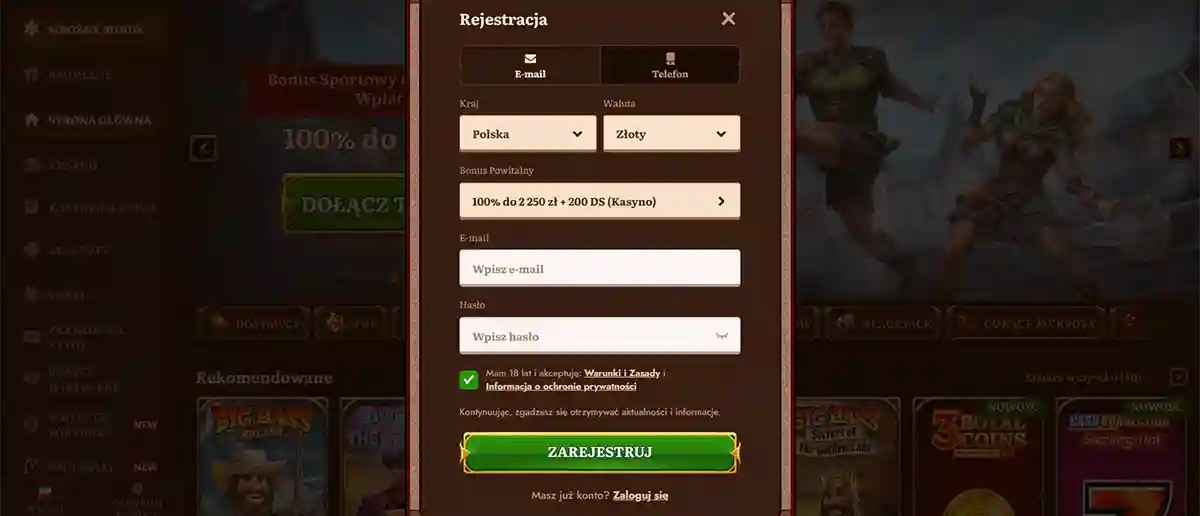 Online casino registration popup in Polish with country set to Poland and currency set to złoty, showing email and password fields, a welcome bonus of 100% up to 2,250 PLN plus 200 free spins, a terms and age confirmation checkbox, and a green “Register” button over a blurred casino lobby background.