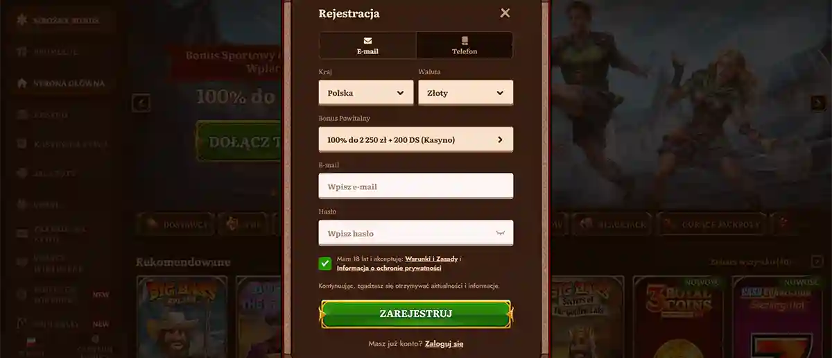 Online casino registration popup in Polish with country set to Poland and currency set to złoty, showing email and password fields, a welcome bonus of 100% up to 2,250 PLN plus 200 free spins, a terms and age confirmation checkbox, and a green “Register” button over a blurred casino lobby background.